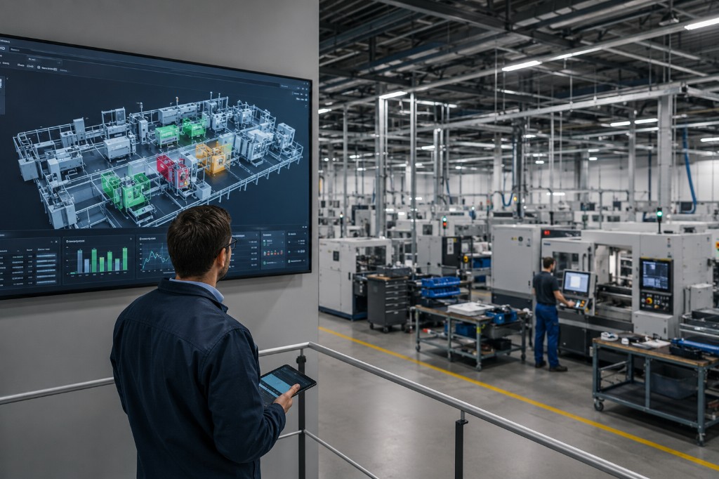 Digital-Twin-Dashboard zur Echtzeit-Steuerung der Produktion in einer modernen Fertigungshalle in Deutschland